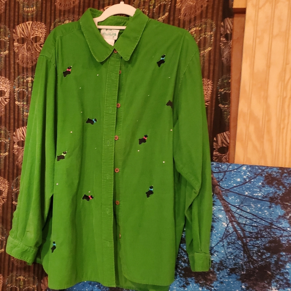 Quacker Factory Green Button-Down Shirt with Embroidered Dogs - Picture 5 of 9